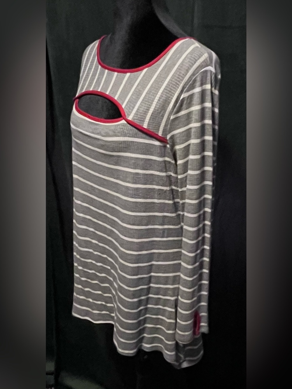 OSO Casuals - Gray & White Striped Long Sleeve Top with Red Trim - Picture 2 of 4